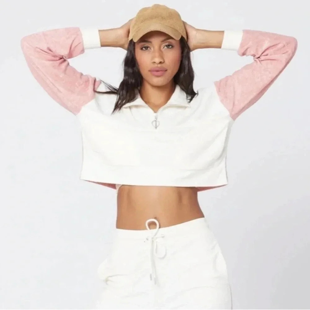 NWT L*Space Best Life Crop Pullover Half Zip Pockets Terry Cloth Pink Cream XS